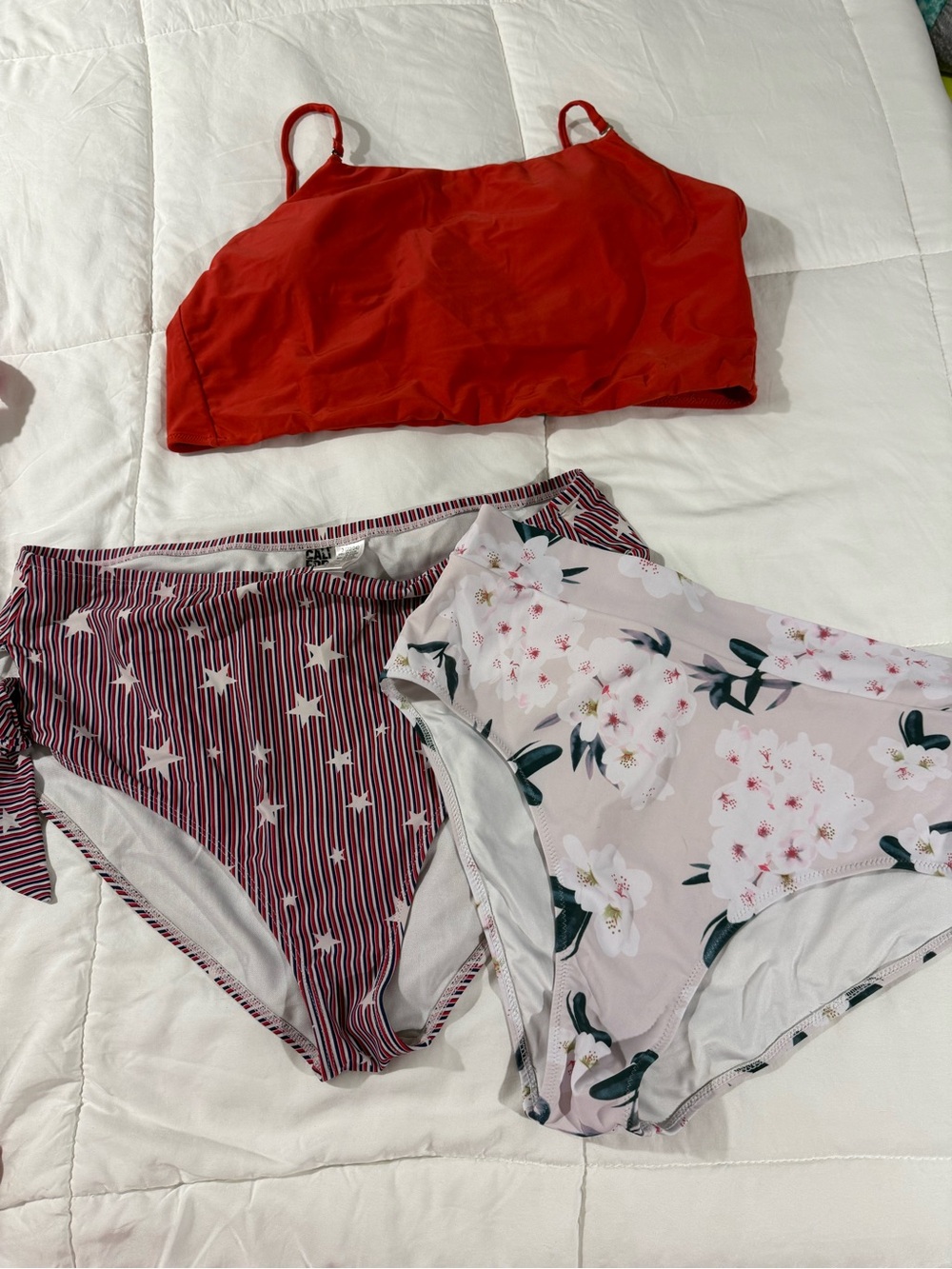 Womens Red Crop Bikini Top with High-Waist Swim Briefs - Floral & Striped
